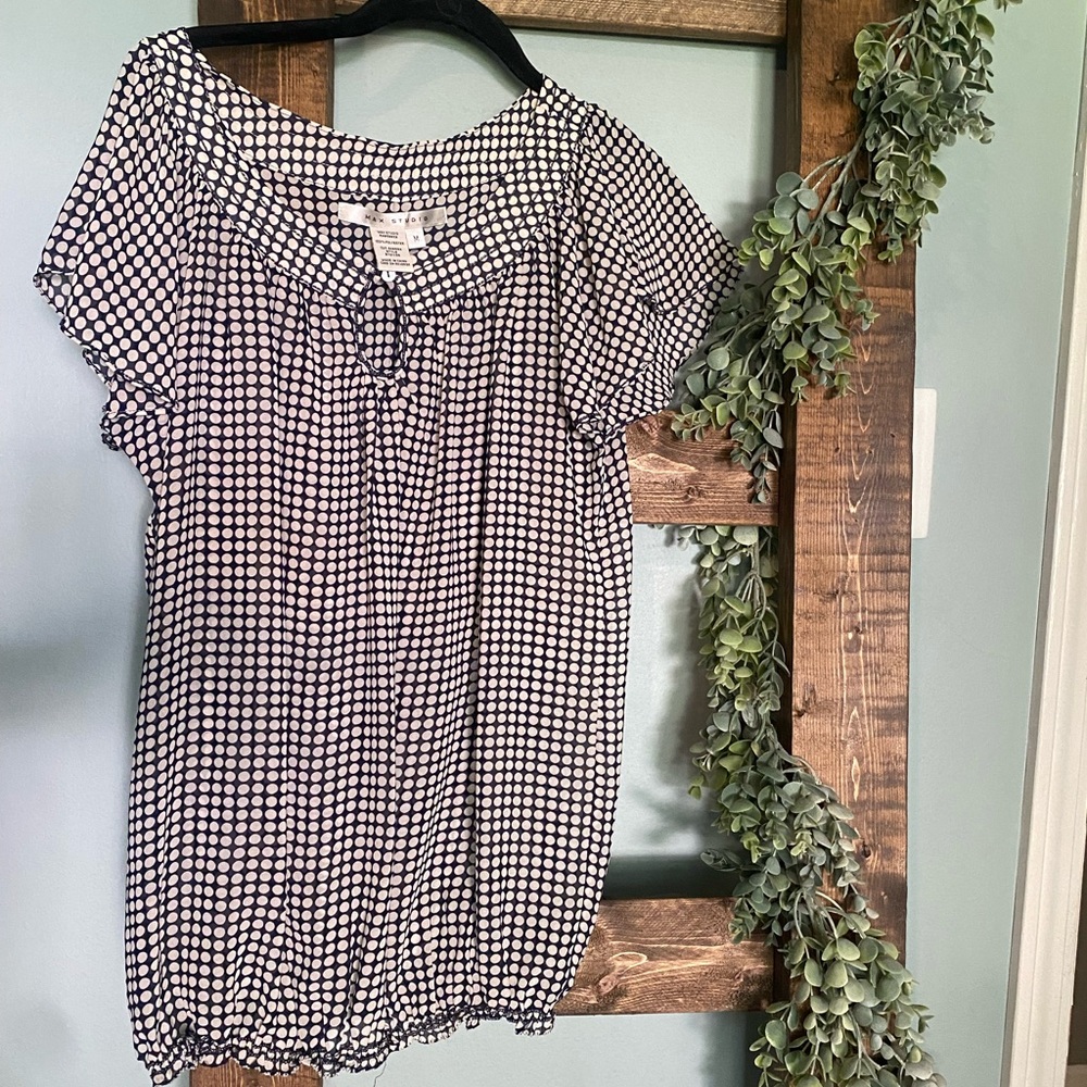 Navy and white polka dot blouse